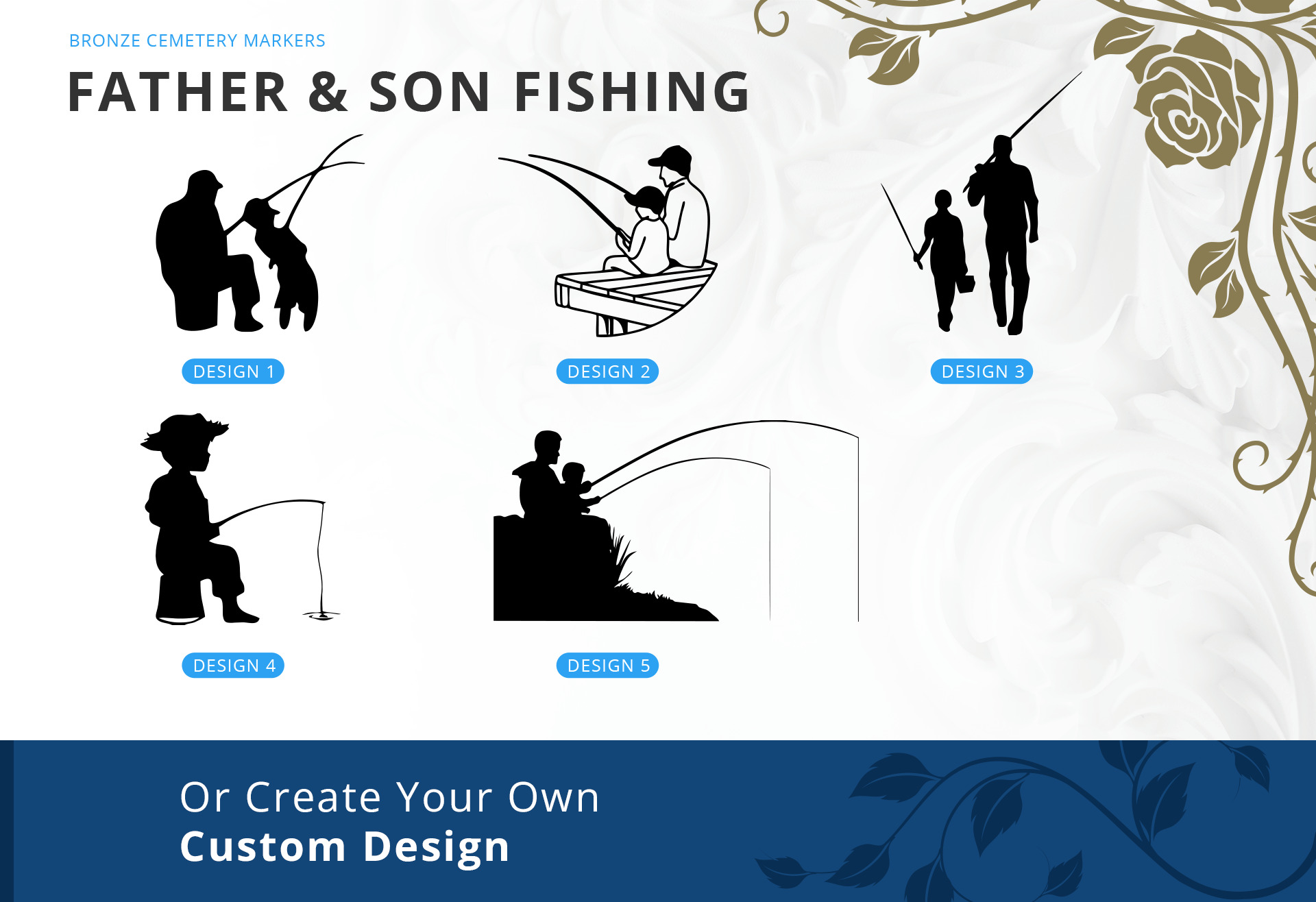 Father and son fishing bronze cemetery marker designs